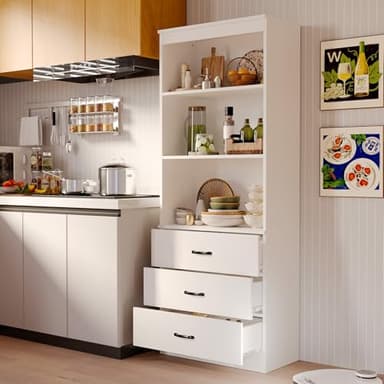 oneinmil 70" H 6-Tier Bookshelf with 3 Drawers, White Bookcase with 3-Tier Open Shelves, Tall Book Shelf with Storage Space, Wooden Storage Cabinet for Living Room, Bedroom, Office (White, 6-Tier) - Image 3