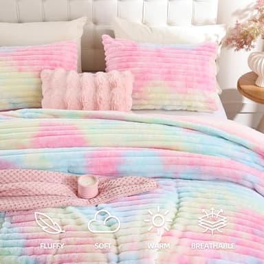 Smoofy Fluffy King Size Comforter Set 3 Pieces - Rainbow Fleece Fluffy Comforter Set, Luxury Fuzzy King Bedding Set, Soft King Bed Set All Season, Heavy Faux Fur Comforter with 2 Pillow Cases - Image 2