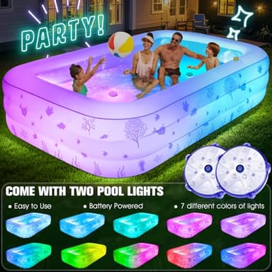 Inflatable Pool with Seat and Pool Lights, Durable Thickened Large Size Family Inflatable Pools for Adults Blow Up Pools,100" x 63" x 22"Swimming Inflatable Kids PooI for Backyard,Outdoor (White) - Image 2
