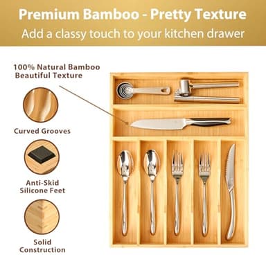 Umilife Bamboo Kitchen Drawer Organizer, 13 Inch Silverware Utensil Tray Holder, Extra Deep Grooved Drawer Divider, 7 Slots Total Bamboo Wood Caddy for Flatware Cutlery Knives, Forks, Spoons - Image 2