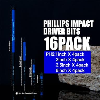Facoow 16 Pack Phillips Impact Driver Bits, #2 Phillips Head Magnetic Screwdriver Bits Set, 1" - 6" S2 Alloy Steel Impact Bits, 1/4" Hex Shank Screwdriver Drill Bit, CNC Machined ph2 Impact Drill Bits - Image 2