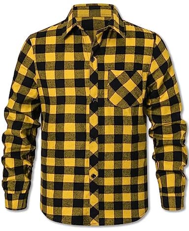 Cromoncent Men's Casual Plaid Flannel Long Sleeve Button Down Shirt,Yellow Black,Large - Image 2