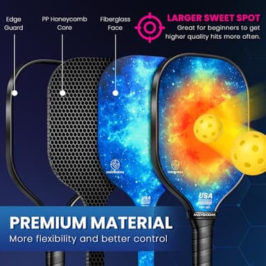 Pickleball Paddles Set of 2 or 4, USAPA Approved Pickleball Set with 4 Pickleball Balls and Pickleball Bag, Fiberglass Pickle Ball Rackets 2 Pack(Blue&Red) - Image 4