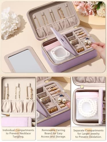 Lumayina Velvet Travel Jewelry Box with Large Mirror, Double-Layer Jewelry Organizer Case for Women and Girls, Portable Storage Case with 6 Anti-Tarnish Bags Gift Ready for Her (Lavender) - Image 3