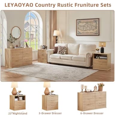 LEYAOYAO 23" Wide Fluted Farmhouse Night Stand Set of 2 with Charging Station, 3 Drawers Large End Table w/Metal Handle, Natural Nightstand Bedside Table,Wood Dresser for Bedroom, Closet - Image 5