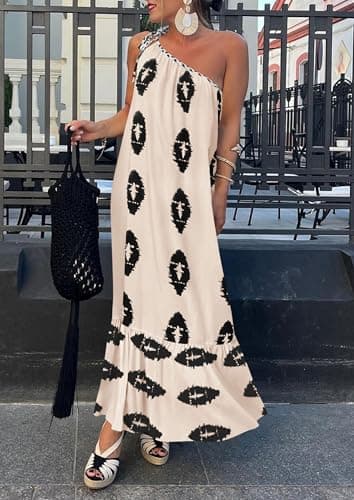 PRETTYGARDEN Women's Summer One Shoulder Maxi Dresses Printed Flowy Boho Beach Vacation Long Sundress (Beige Black Floral,X-Large) - Image 7