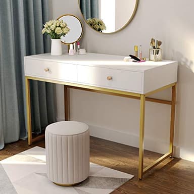Tribesigns Computer Desk, Modern Simple 47 inch Home Office Desk Study Table Writing Desk with 2 Storage Drawers, Makeup Vanity Console Table, White and Gold - Image 4