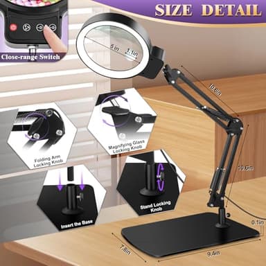 10X 30X Large Magnifying Glass with Light and Stand, 5-inch Lighted Magnifier, 72 LED 3 Color Modes Stepless Dimmable, Hands-Free Magnifying Glass Desk Lamp for Reading Craft Hobby Close Work Black - Image 7