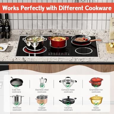 Pladeca 30 Inch Electric Cooktop, 5 Burner Electric Stove Top Touch Control, 8400W Built-in Ceramic Stovetop Burner 30" with Expandable Zone, Child Lock, Timer, Overheat Alert, 220-240v Hardwired - Image 6