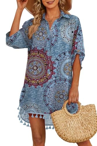 Yincro Women Swimsuit Cover Up Shirt 2025 Tassel Beach Bathing Suit for Swimwear Bikini Dress(Flower Mix Blue, 2XL) - Image 1