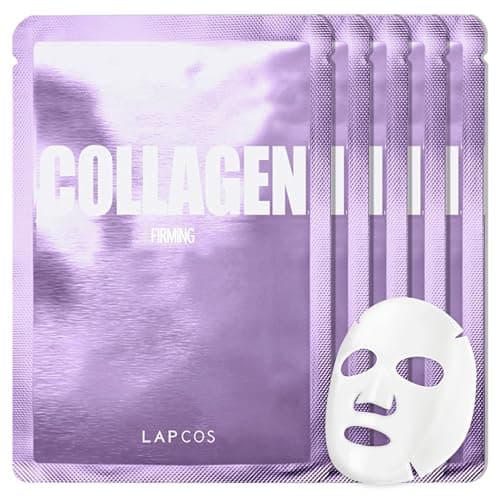 LAPCOS Collagen Sheet Mask, Firming Daily Face Mask with Collagen Peptides for Anti-Aging, Helps to Minimize Wrinkles, Restores Skin Elasticity & Firmness, Hydrating, Korean Beauty, 5-Pack - Image 1