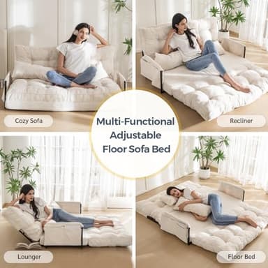 MAXYOYO Adjustable Floor Sofa Couch with 2 Pillows, Multi-Functional Bean Bag Bed, 5-Position Foldable Lazy Sofa Sleeper Bed with Armrest Versatile Floor Seating for Reading Gaming, Beige, Double - Image 4