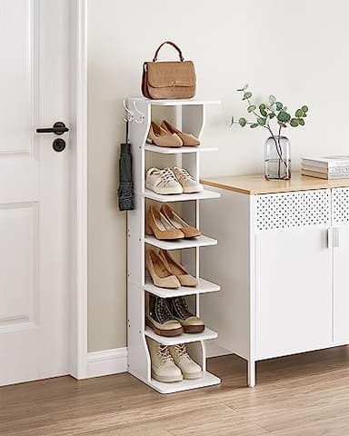 VASAGLE 7-Tier Vertical Shoe Rack, Narrow Shoe Storage Organizer with Hooks, Slim Corner Shoe Tower Rack, Space Saving for Entryway and Bedroom, White ULBS200T14 - Image 2