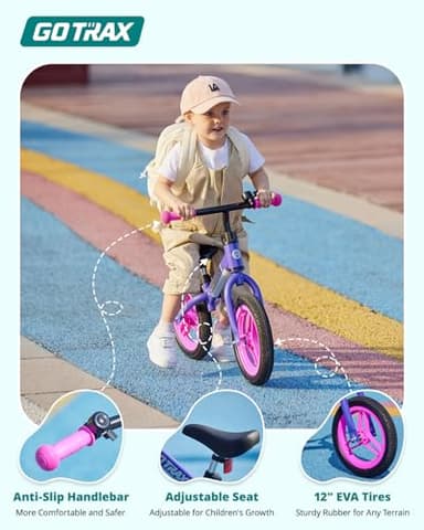 Gotrax KS12 Balance Bike, 12" Toddlers Push Bike with LED Light, Adjustable Seat & Handlebar, Flat-Free Tires & Easy Assembly Kids Bicycle, Lightweight & No Pedal, Gift for Boys Girls, Purple - Image 5