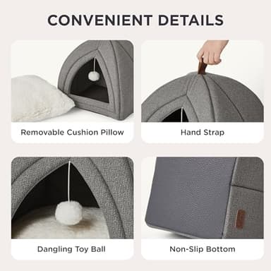 Bedsure Cat Beds for Indoor - 2 in 1 Cat Cave House Tent for Kittens and Small Pets with Removable Washable Cushioned Pillow, Foldable Kitten Hideaway with Non-Slip Bottom, Grey, 17.3 inches - Image 4