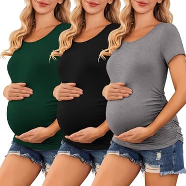 Ekouaer Womens Maternity Shirts 3 Packs Side Ruched Pregnancy Tee Top Tunic Blouse Casual Mama Clothes S-XXL - Image 1