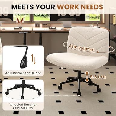 Yaheetech Wide Criss Cross Legged Office Desk Chair with No Wheels, Vanity Comfy Swivel Computer Chairs for Home Office Reading Makeup, Ivory - Image 9