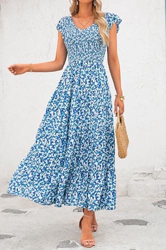 PRETTYGARDEN Women's Summer Flowy Maxi Dress Casual Cap Sleeve V Neck Smocked Beach Sundress (Print Blue,X-Large) - Image 7