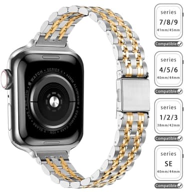 QUNDAXI Gold Apple Watch Band Compatible with Apple Watch 41mm 45mm 42mm 44mm 40mm 38mm Metal stainless steel Watchband suitable for iWatch 9/8/7/6/5/4/3/2/1/SE series Women Luxury strap (38mm 40mm - Image 2