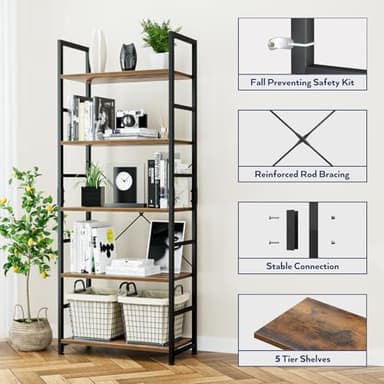 NUMENN 5 Tier Bookshelf, Tall Bookcase Shelf Storage Organizer, Modern Book Shelf for Bedroom, Living Room and Home Office, Vintage - Image 7