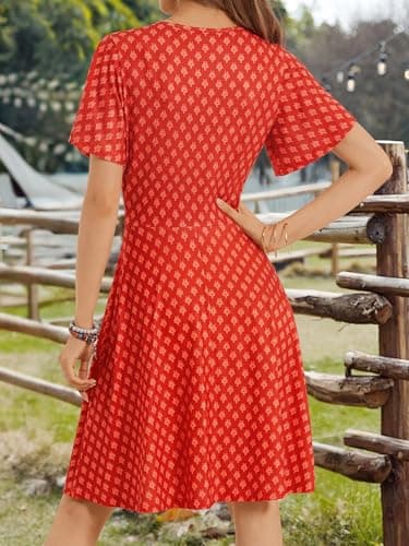 FENSACE Vacation Outfits for Women Summer Sun Resort Boho Dress for Women(Red Floral-64,Small) - Image 5