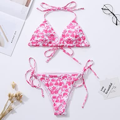 Bikinis Swimsuit Set for Women Swimwear Triangle Bathing Suit Tie String Thong (Medium, Floral red) - Image 2