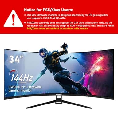 Gawfolk 34 Inch Ultrawide Curved 144Hz Gaming Computer Monitor 1500R PC Screen 21:9 UWQHD (3440x1440),Adaptive Sync,178° Viewing Angle,HDMI、Display Port,Compatible with Wall mounting - Black, GF340A - Image 2