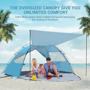 Elegear Beach Tent Sun Shelter with Canopy, 4-5 Person Pop Up Beach Tent, Easy Setup UPF 50+ UV Protection Portable Lightweight Double Silver Coating Beach Cabana Sun Shade Shelter - Sky Blue - Image 2