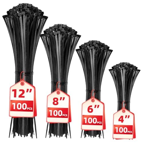 Cable Zip Ties,400 Pack Black Assorted Sizes 12+8+6+4 Inch,Multi-Purpose Self-Locking Nylon Cable Cord Management ,Plastic Wire Ties for Home,Office,Garden,Workshop. By HAVE ME TD - Image 1