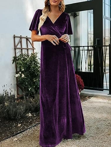 CYiNu Women's Wrap Velvet Maxi Dress V Neck Bell Sleeve Split Elegant Cocktail Party Dress(Purple,S) - Image 3
