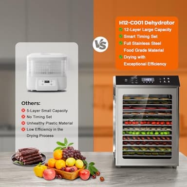 Food Dehydrator for Jerky, 12-Trays Stainless Steel, 850W Electric Dehydrator Machine with 10 Presets, Adjustable Timer, Temperature Control, Digital Food Dryer for Herb, Dog Treats,Meats & Veggies - Image 6