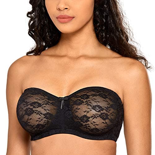 DOBREVA Women's No Padding Strapless Lace Bra Underwire Multiway See-Through Black 40E - Image 1