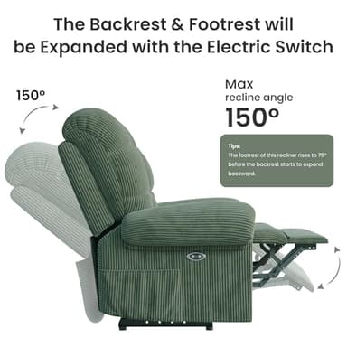 Welzona Updated Power Recliner Chair, Adjustable Electric Recliner Chairs for Adults, Ultra-Comfy Corduroy Recliner Chair for Small Space, Tool-Free Assembly, 2 Side Pockets and USB Port, Green - Image 6