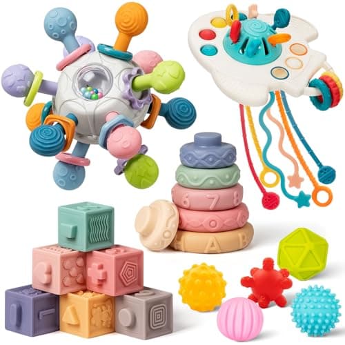 Baby Toys 6 to 12 Months, 5 In 1 Montessori Toys for 1 Year Old, Incl Travel Pull String Toy & Rattle Teether & Stacking Baby Block & Soft Infant Ring & Sensory Ball for Toddler 0-3-6-9-12 Month - Image 1