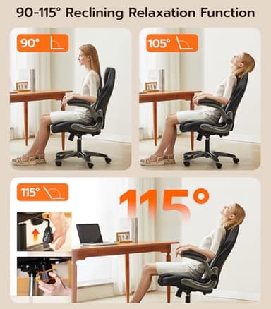 Office Desk Chair, Ergonomic Computer Chair with Padded Flip-Up Arms and Adjustable Lumbar Support, PU Leather Executive Chair with Tilt Lock and 360° Swivel Rolling Wheels for Work, Study - Image 4