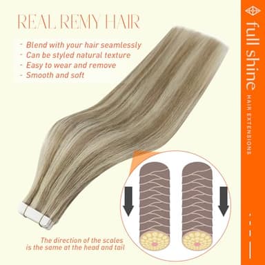 Full Shine Tape in Hair Extensions Color 16/22 Golden Blonde And Medium Blonde Seamless Tape in Hair Extensions Human Hair 22 Inch Highlighted Remy Hair Extensions Tape in 50Gram 20Pcs for Wedding - Image 3