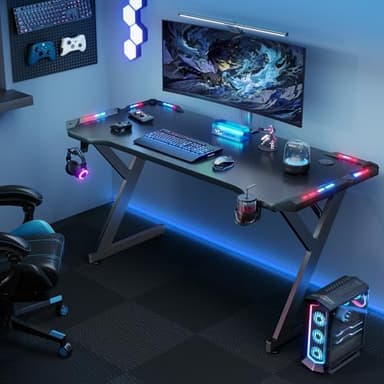 HLDIRECT 40 INCH Gaming Desk with LED Lights, Home Office Gamer Desk, Ergonomic Computer Table with Large Carbon Fiber Desktop, Office Workstation, Cup Holder & Headphone Hook, Black - Image 2