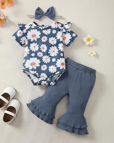 SUNNY PIGGY Baby Girl Clothes Ruffle Short Sleeve Romper Long Pants Set with Headband Newborn Infant Outfits Blue 0-3M - Image 2
