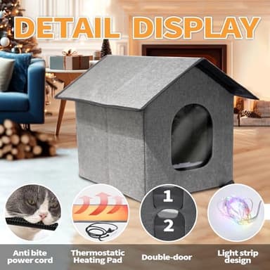 Heated Cat House for Outside - Weatherproof & Insulated Foldable Outdoor Warm Cat Shelter with Thermostatic Pet Heating Pad for Winter Outdoor Stray (Charcoal, 12"x15") - Image 2