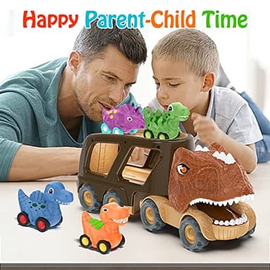 Veslier Dinosaur Car Toy for 2 3 4 5 Years Old Boys, Friction Power Carrier Truck with 4 Pack Small Pull Back Dino Car, Christmas Birthday Gift for 18+ Months Boy Girl Kids Toddlers - Image 6