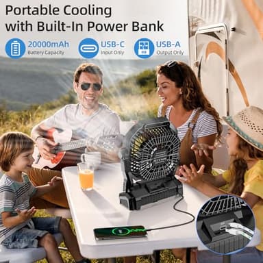Camping Fan Rechargeable, 20000mAh Battery Powered Portable Fan with LED Light & Hook, 4-Speed 270° Adjustable, Camping Essentials for Tent, Travel, Car, Outdoor, Indoor, BBQ, Fishing, Jobsite - Image 3