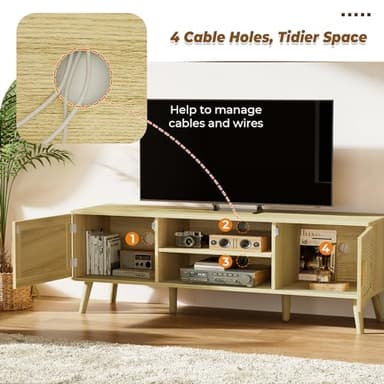 SUPERJARE Boho TV Stand for 65 Inch TV, Entertainment Center with Adjustable Shelf, Rattan TV Console with 2 Cabinets, Media Console, Solid Wood Feet, 4 Cord Holes, for Living Room - Natural - Image 5