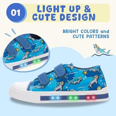 FUNCOO PLUS Kids Light Up Shoes Toddler Canvas Sneakers with Hook and Loop for Boys, Shark, Toddler Size 10 - Image 2