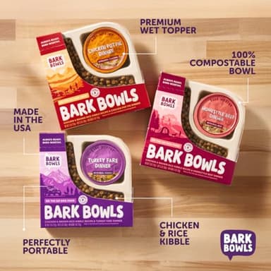 Bark Bowls On The Go Dog Food, Chicken Pot Pie Dinner, Turkey Fare Dinner & Homestyle Beef Dinner Variety Pack - 7.5 oz Tray (6 Count), Made in The USA - Image 2