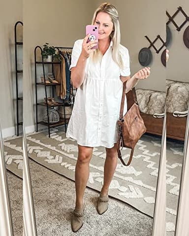 LookbookStore Women's Short Sleeve Babydoll Dress with Lapel Collar Button Down Dress Loose Fit Denim Dress for Women Casual Brilliant White Size S - Image 3