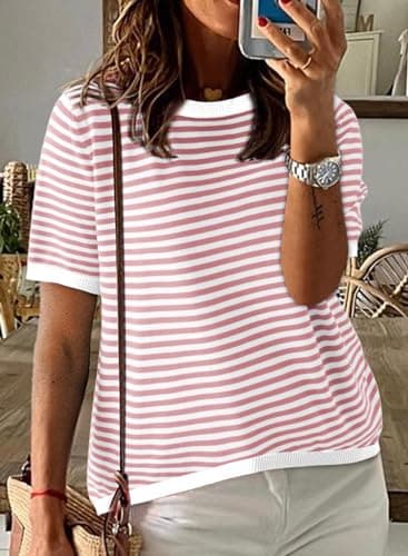 Dokotoo Womens Summer Tops Casual Short Sleeve Striped Shirt Ladies Crewneck Knit Tshirts Shirts for Women Loose Fit 2025 Trendy Sweaters Beach Vacation Clothes for Women Pink Medium - Image 3