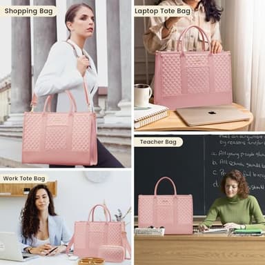 LOVEVOOK Laptop Bags for Women, 17 inch Waterproof Work Tote Bag with Clutch, Professional Teacher Computer Purse Lightweight Shoulder Bag Travel, Quilted Pink - Image 8