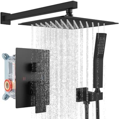 gotonovo Rainfall Bathroom Shower System Rain Shower Head and Handle Set Wall Mounted Shower Complete Combo Solid Brass Pressure Balancing Shower Mixer Valve 10 Inch Matte Black - Image 1