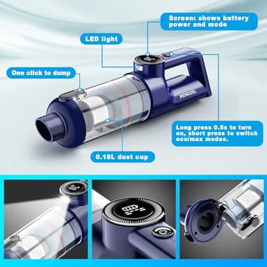 MONOZEL Handheld Vacuum Cordless - Car Vacuum Cleaner with Brushless Motor, 15000Pa Powerful Suction with LED Light, Type C Cable, 2 Fliters, Portable Hand Vacuum for Home, Car, and Office - Image 7