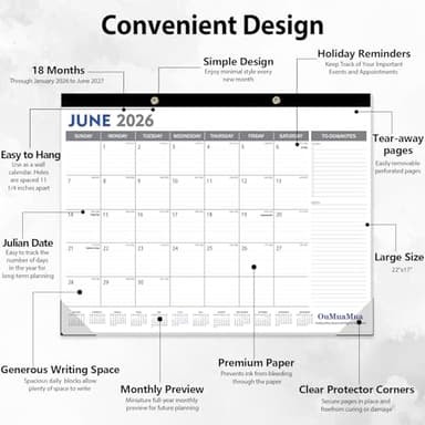 OuMuaMua Large Desk Calendar 2026-2027 - 18 Months from Jan. 2026 through Jun. 2027, 22 x 17 Inches Desktop Wall Calendar with Julian Date To-do & Notes, Corner Protectors for School Home Office - Image 3